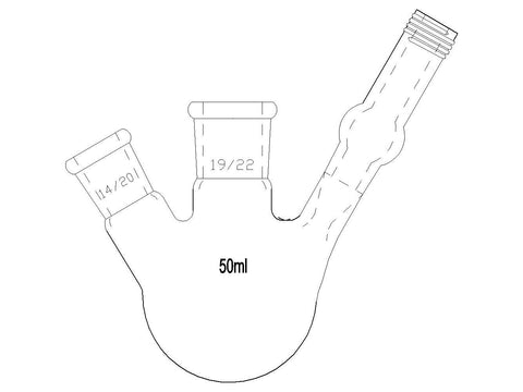MSE PRO Two-Port Reaction Sphere Bottle with Vent Hole and High Vacuum Valve, Main Port 19/22, Side Port 14/20, Capacity 50mL