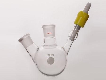 MSE PRO Two-Port Reaction Sphere Bottle with Vent Hole and High Vacuum Valve, Main Port 19/22, Side Port 19/22, Capacity 100mL