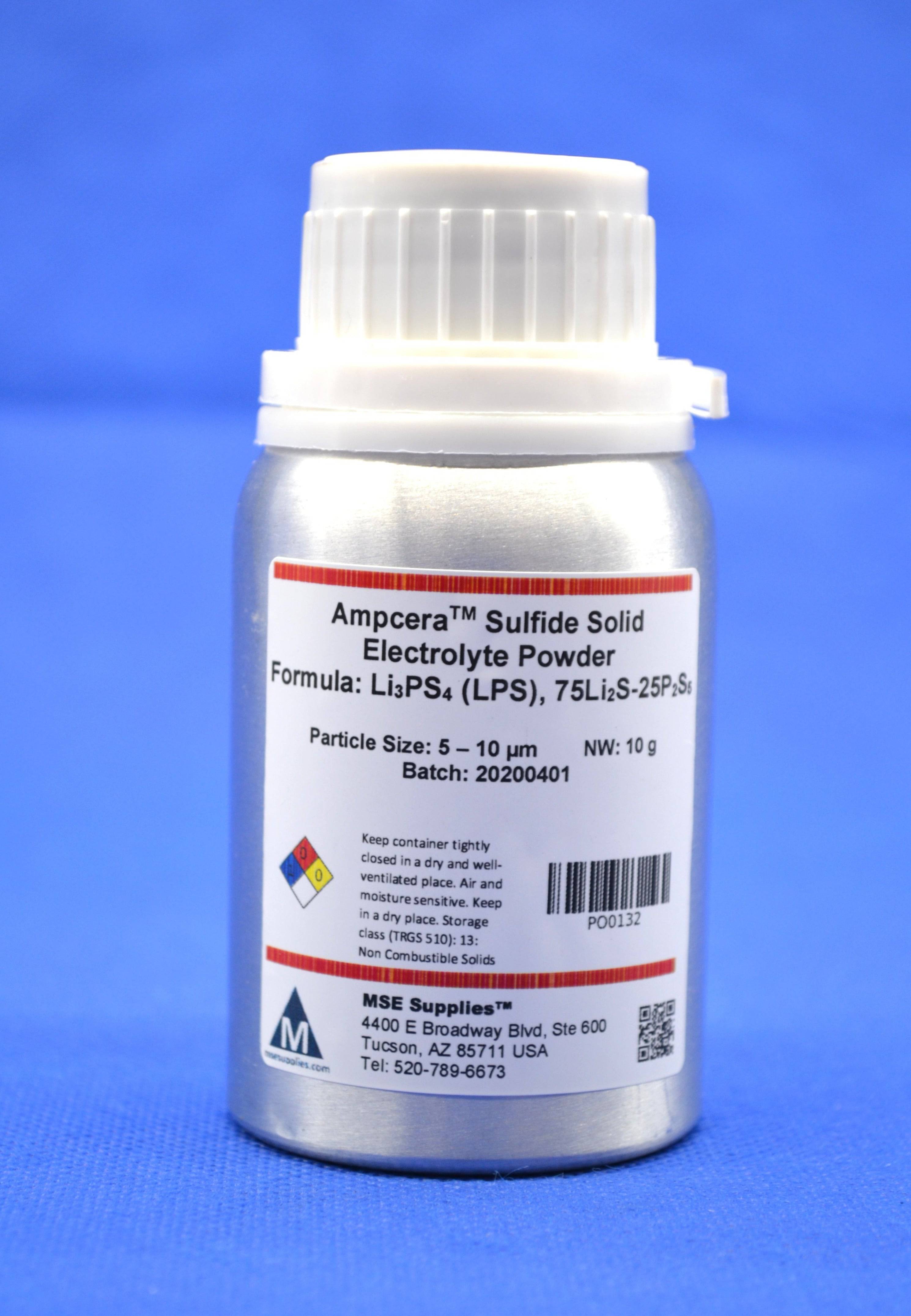 Ampcera Sulfide Solid Electrolyte Li<sub>3</sub>PS<sub>4</sub> (LPS) 75Li<sub>2</sub>S-25P<sub>2</sub>S<sub>5</sub> Powder, Battery Consumables, Ampcera, MSE Supplies