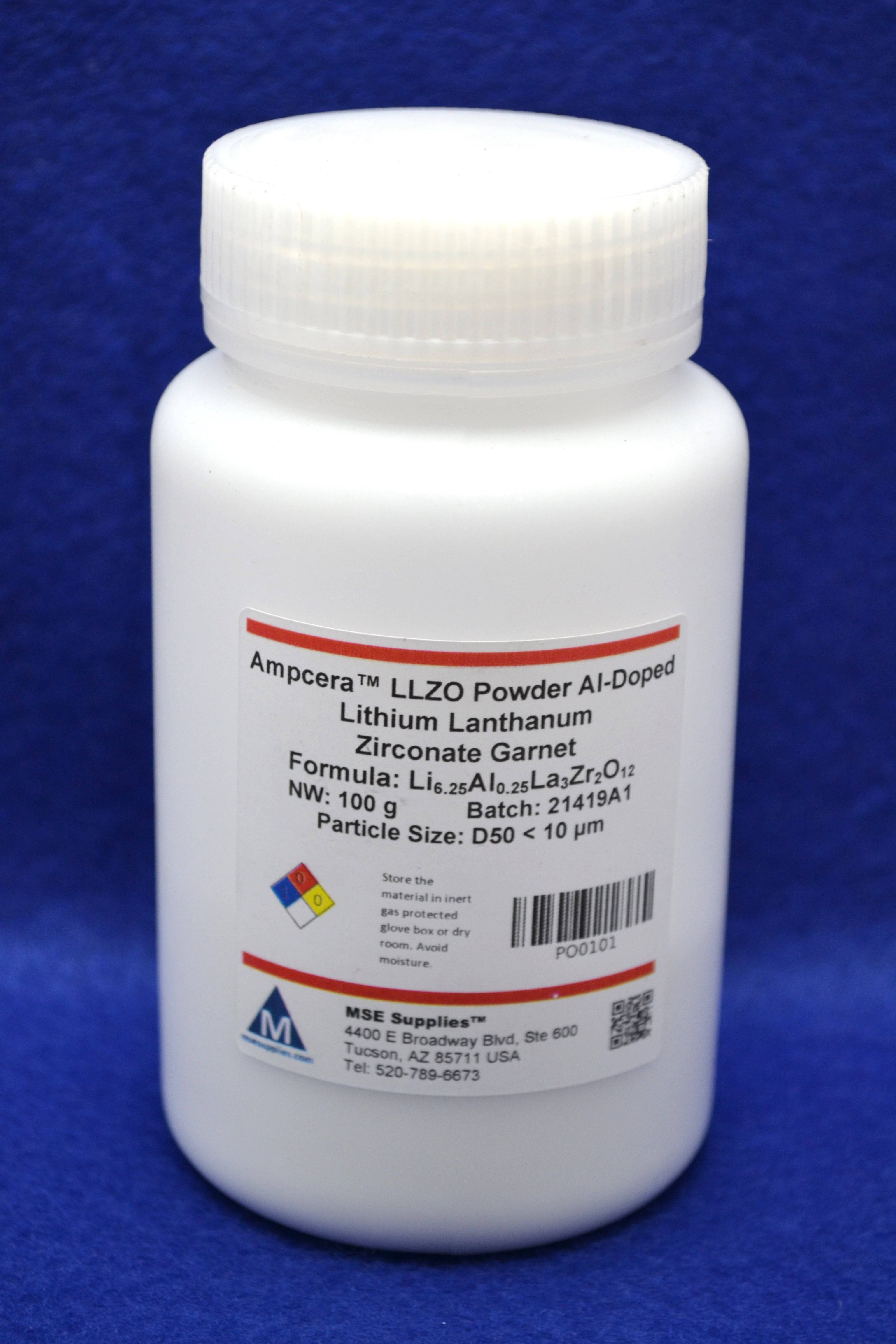 Ampcera® LLZO Powder Al-Doped Lithium Lanthanum Zirconate Garnet, Pass 325 Mesh, D50 < 10um, Battery Consumables, MSE Supplies LLC, MSE Supplies