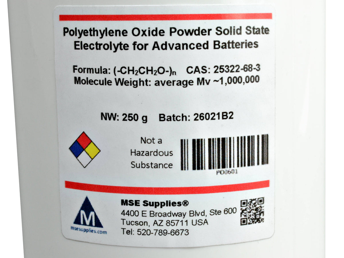 MSE PRO PEO 250g Polyethylene Oxide Powder Solid State Electrolyte for Advanced Batteries Mv ~1,000,000, Battery Consumables, MSE Supplies LLC, MSE Supplies