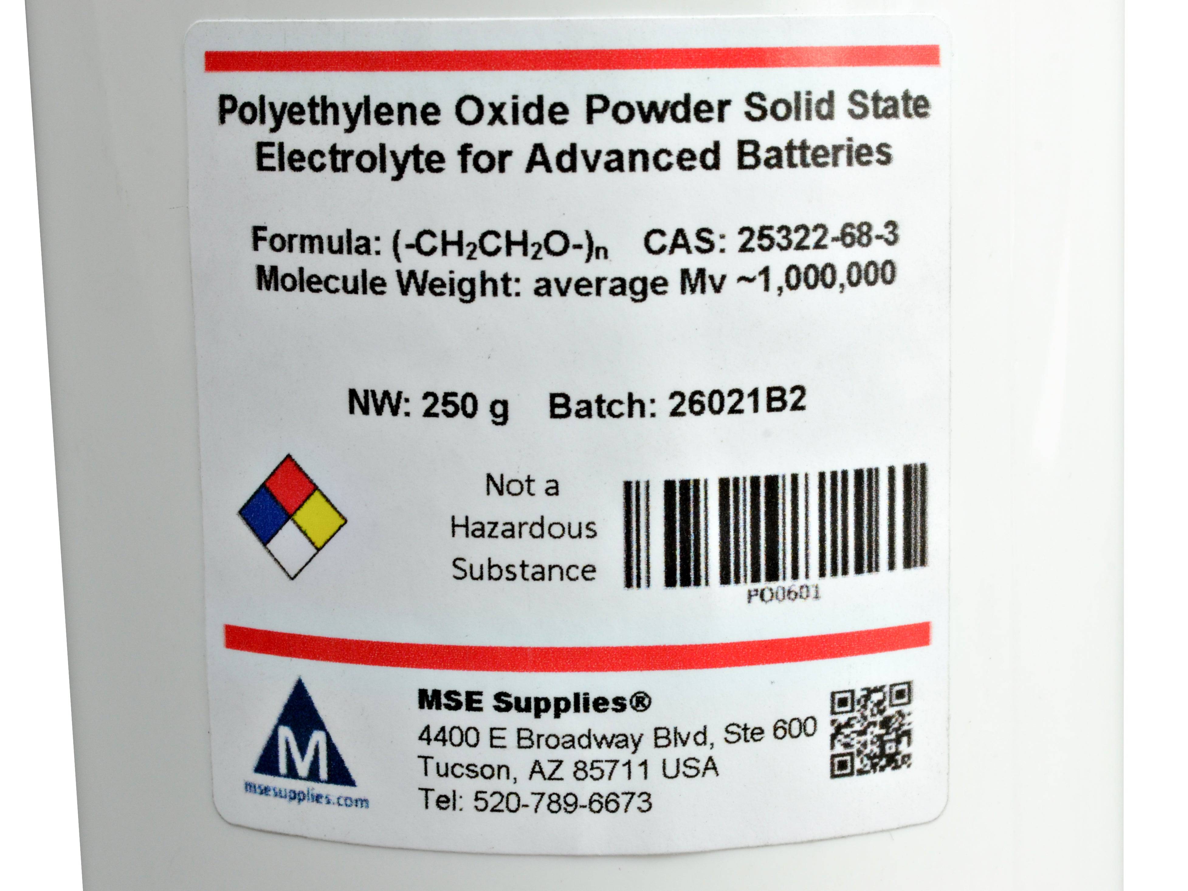 MSE PRO PEO 250g Polyethylene Oxide Powder Solid State Electrolyte for Advanced Batteries Mv ~1,000,000, Battery Consumables, MSE Supplies LLC, MSE Supplies