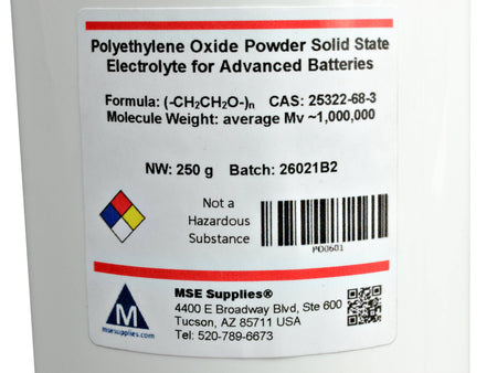 MSE PRO PEO 250g Polyethylene Oxide Powder Solid State Electrolyte for Advanced Batteries Mv ~1,000,000, Battery Consumables, MSE Supplies LLC, MSE Supplies