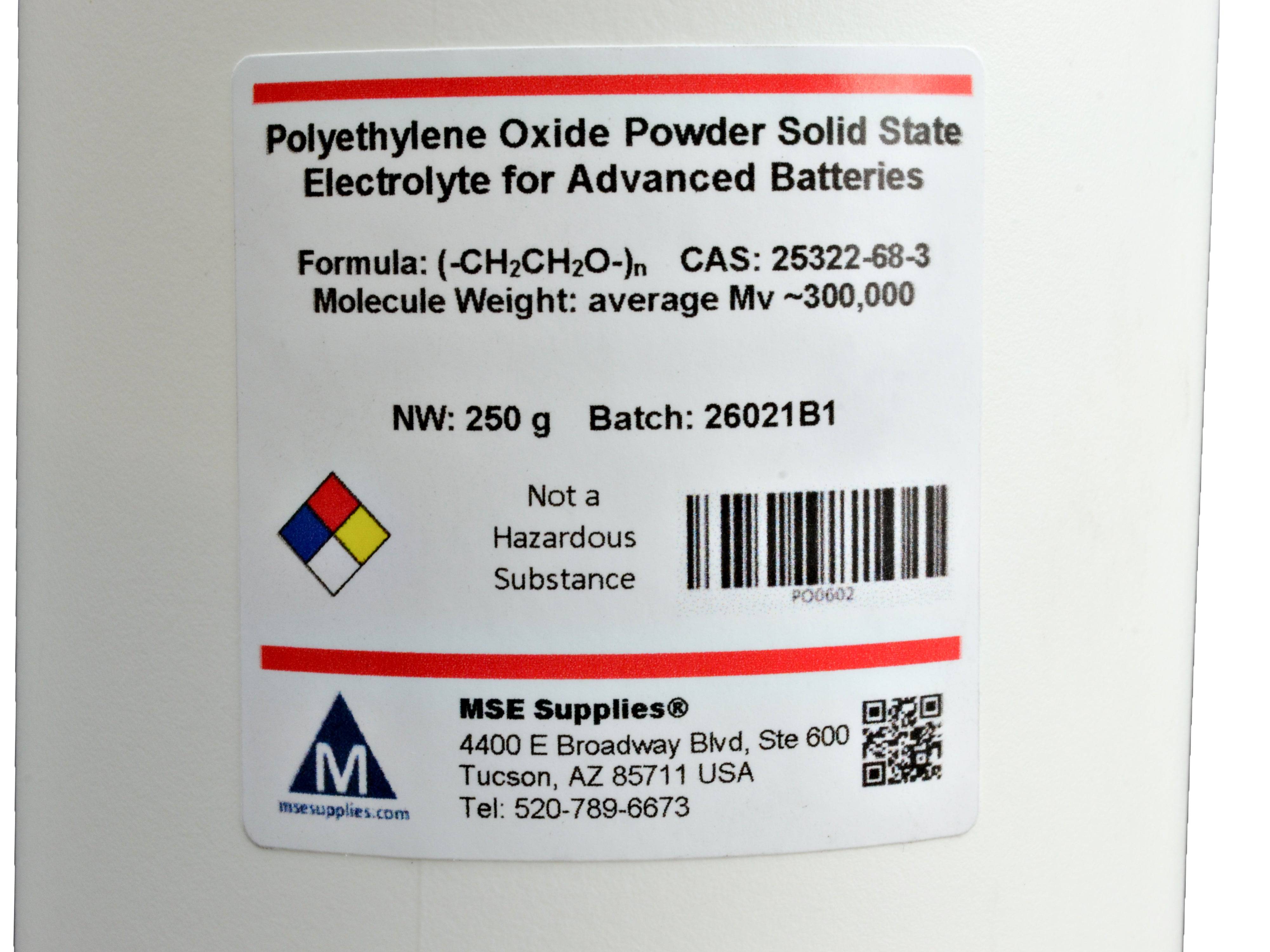 MSE PRO PEO 250g Polyethylene Oxide Powder Solid State Electrolyte for Advanced Batteries Mv 300,000~500,000, Battery Consumables, MSE Supplies LLC, MSE Supplies