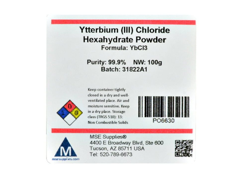 MSE PRO Ytterbium(III) Chloride Hexahydrate (YbCl<sub>3</sub><sup>.</sup>6H<sub>2</sub>O) Powder, 99.9%, Chemicals and Compounds, MSE Supplies LLC, MSE Supplies