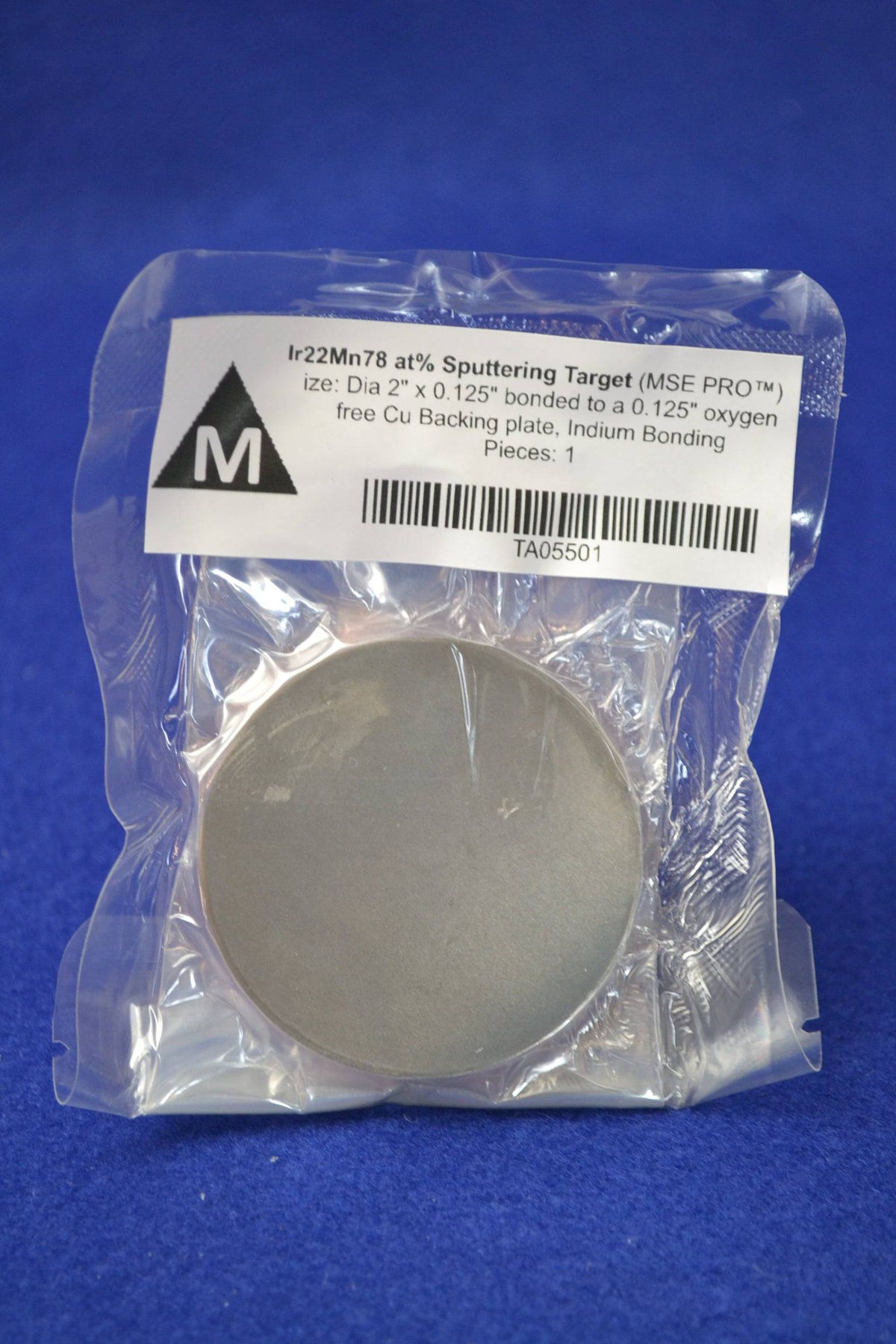 MSE PRO Ir22Mn78 target, 2" diameter, 0.125" thickness, bonded to a 0.125" thick oxygen-free Cu backing plate, Indium Bonding, Sputtering Targets, MSE Supplies LLC, MSE Supplies