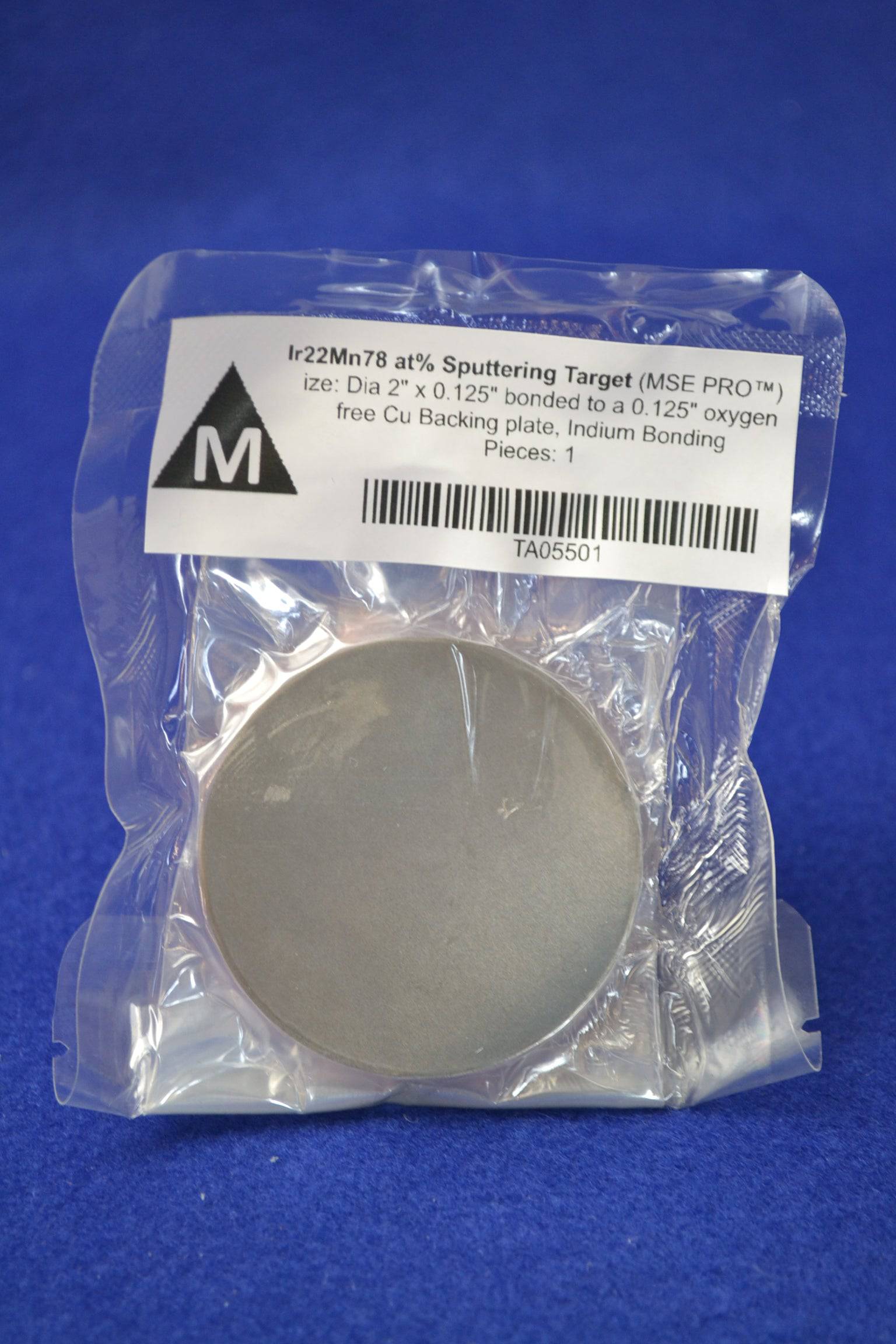 MSE PRO Ir22Mn78 target, 2" diameter, 0.125" thickness, bonded to a 0.125" thick oxygen-free Cu backing plate, Indium Bonding, Sputtering Targets, MSE Supplies LLC, MSE Supplies