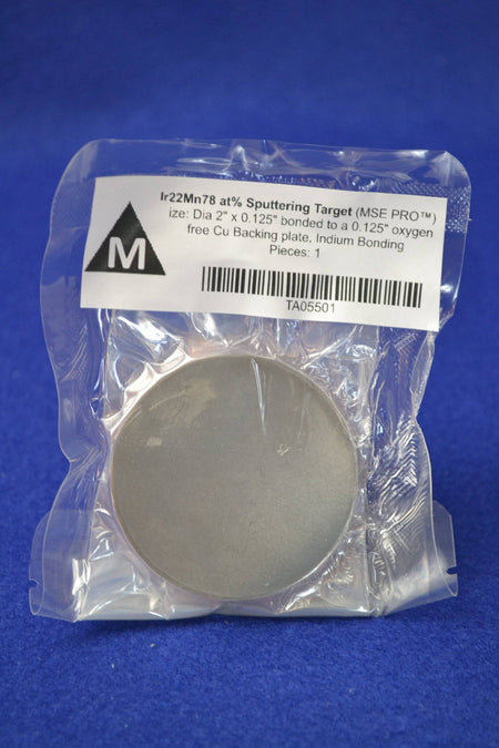MSE PRO Ir22Mn78 target, 2" diameter, 0.125" thickness, bonded to a 0.125" thick oxygen-free Cu backing plate, Indium Bonding, Sputtering Targets, MSE Supplies LLC, MSE Supplies