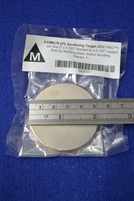 MSE PRO Ir22Mn78 target, 2" diameter, 0.125" thickness, bonded to a 0.125" thick oxygen-free Cu backing plate, Indium Bonding, Sputtering Targets, MSE Supplies LLC, MSE Supplies